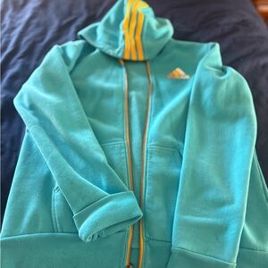 adidas Teal Zip-Up Hoodie with Yellow Stripe Accents